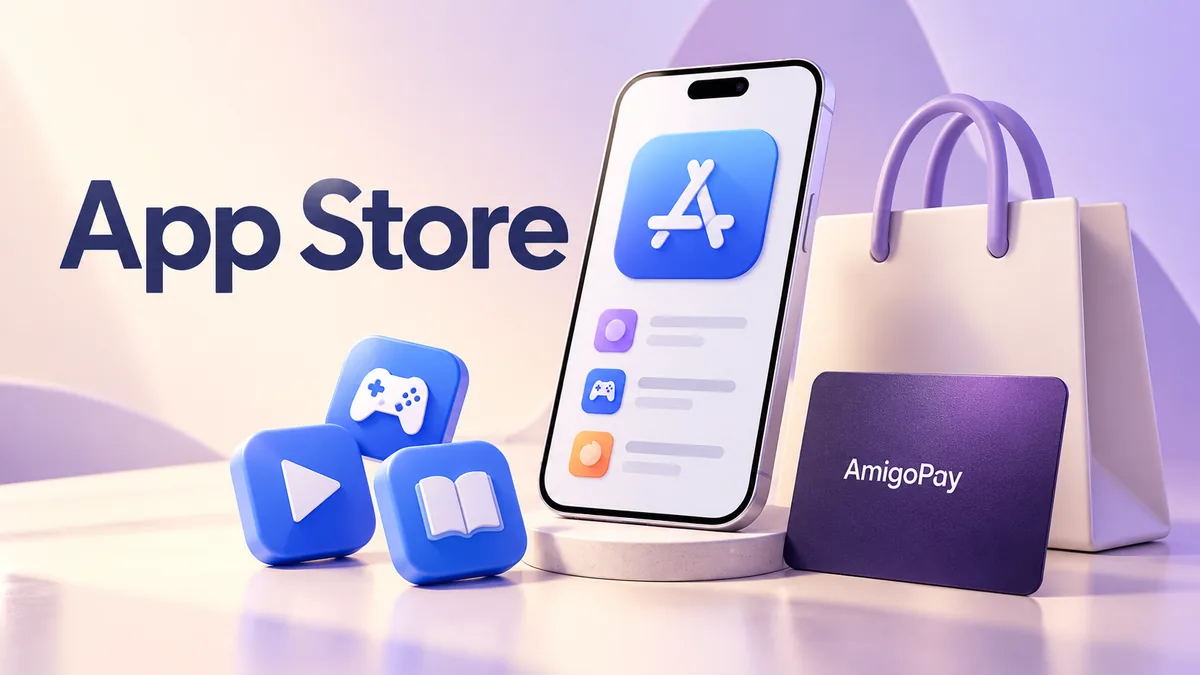 Карта для оплаты App Store через AmigoPay: смартфон, приложения и карта