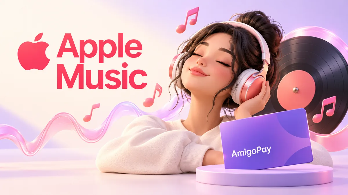 Оплата Apple Music: наушники, музыкальная волна и карта AmigoPay