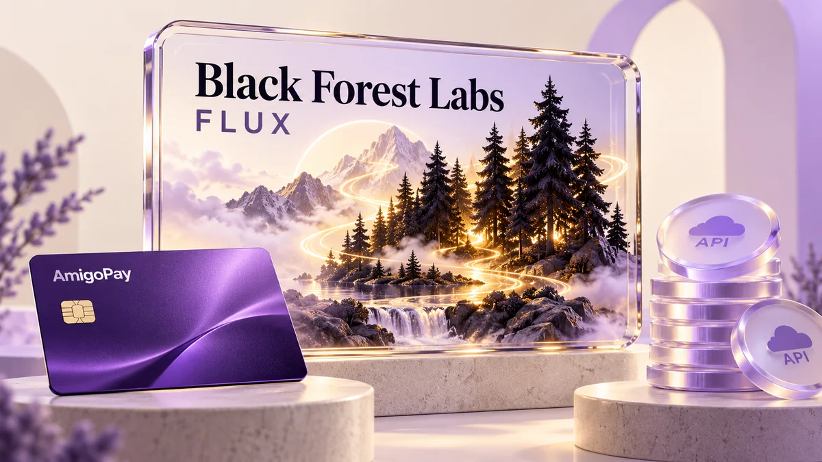Как оплатить FLUX API и пополнить Black Forest Labs из России Black Forest Labs / FLUX: генерация FLUX, лес в стеклянной рамке и карта AmigoPay