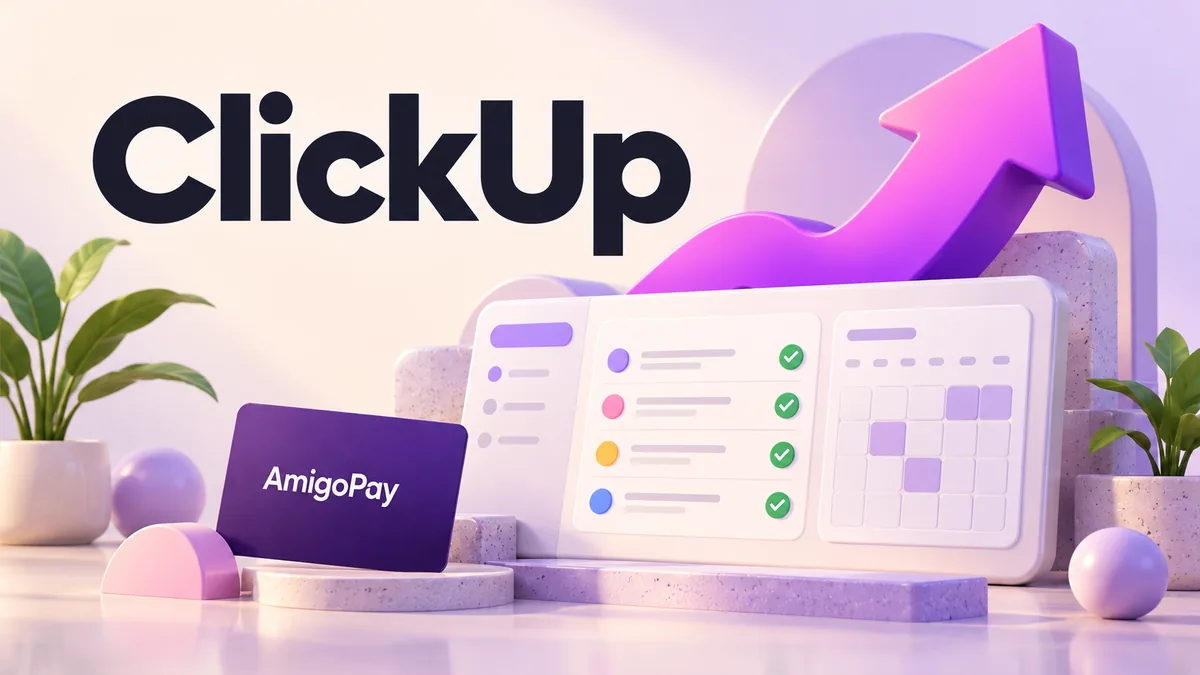 Оплата ClickUp через AmigoPay: задачи проекта, календарь, стрелка и карта
