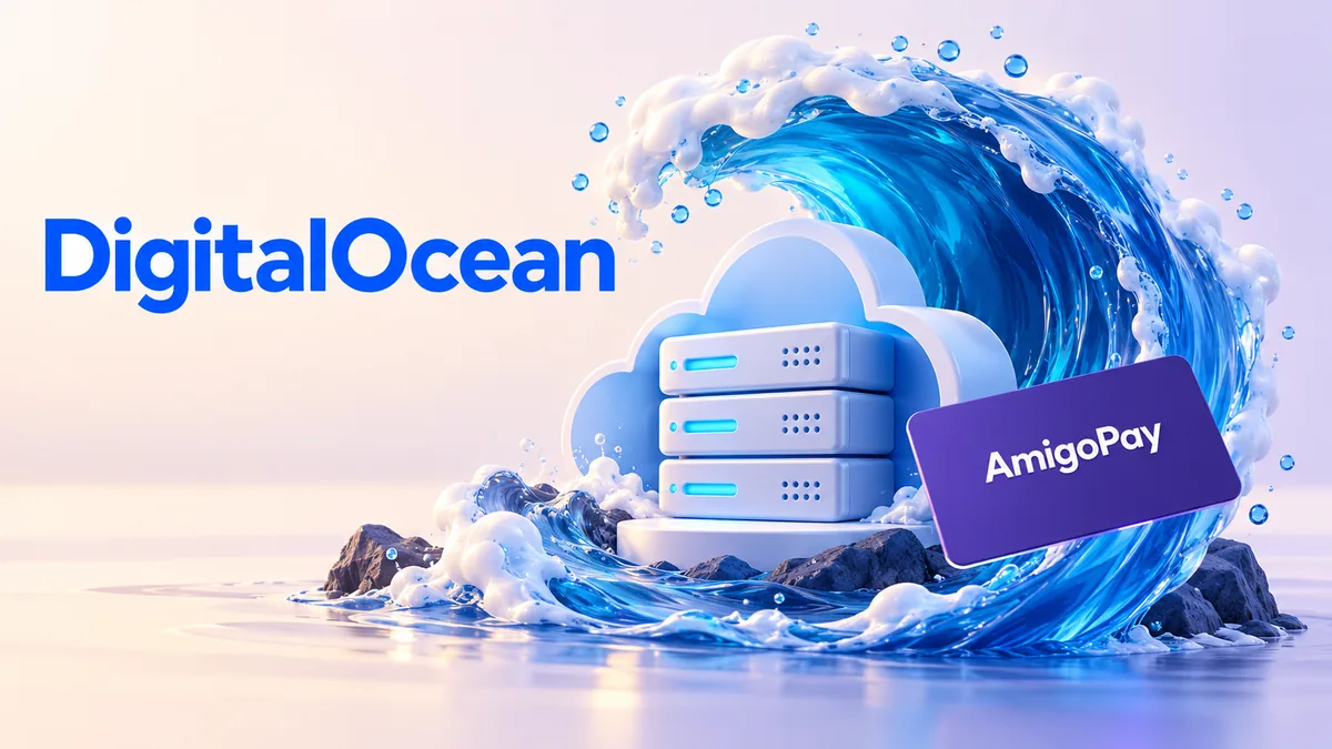 Оплата DigitalOcean через AmigoPay: синяя волна, облачный сервер и карта