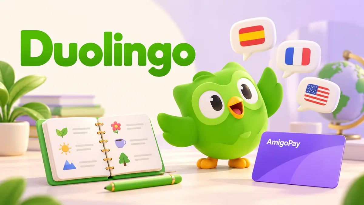 Покупка подписки Duolingo: языковые упражнения, зелёная птица и карта AmigoPay