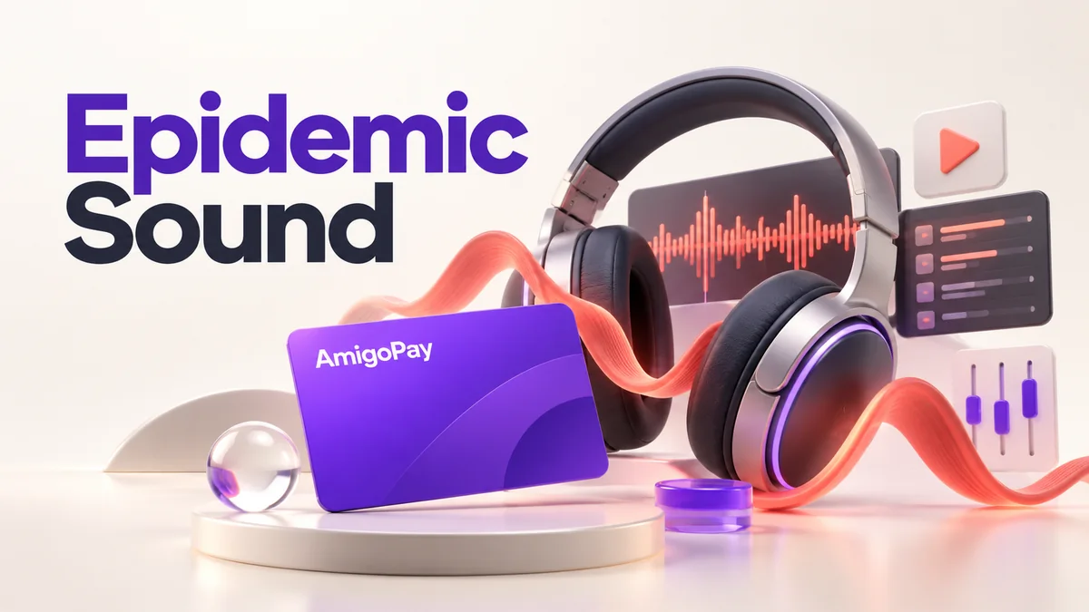 Как купить подписку Epidemic Sound из России Epidemic Sound: наушники и звуковая волна и виртуальная карта AmigoPay