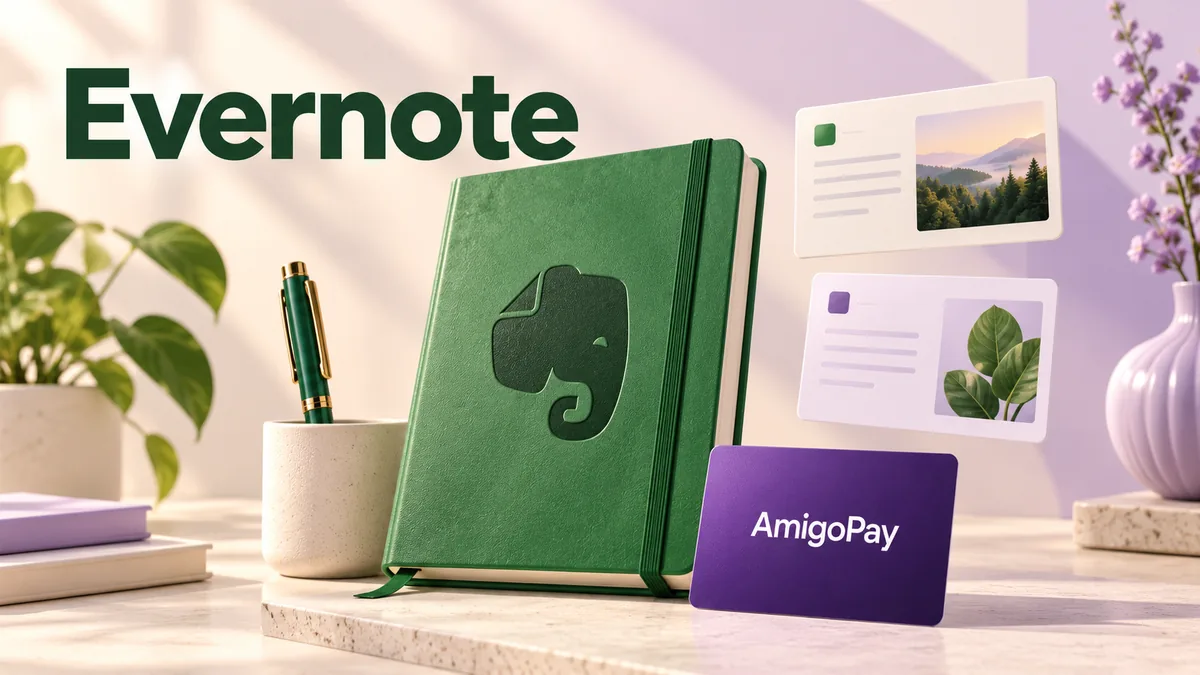 Покупка подписки Evernote через AmigoPay: зелёный блокнот, заметки и карта
