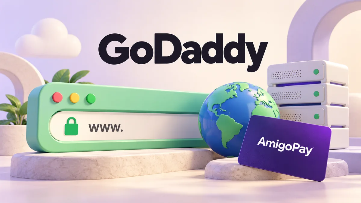 Оплата GoDaddy через AmigoPay: домен в браузере, сервер и карта