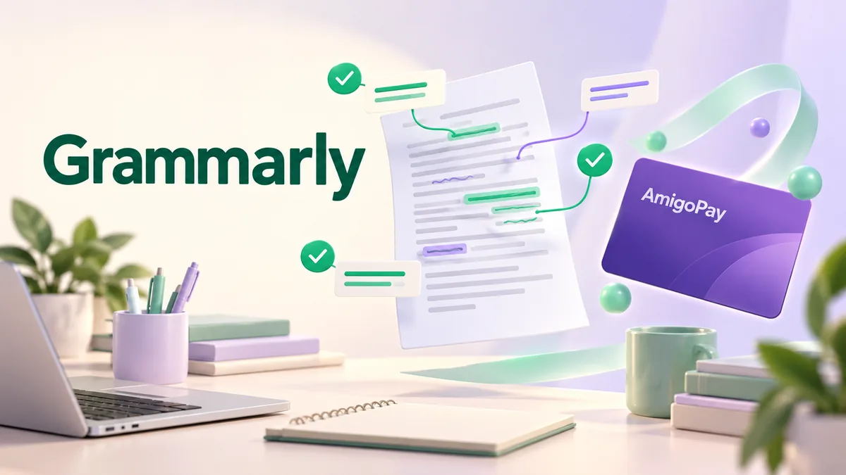Оплата Grammarly: документ с правками, зелёные отметки и карта AmigoPay