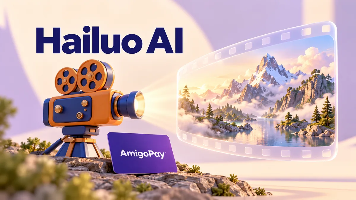 Оплата подписки Hailuo AI через AmigoPay: видеокамера, пейзаж в кадре и карта