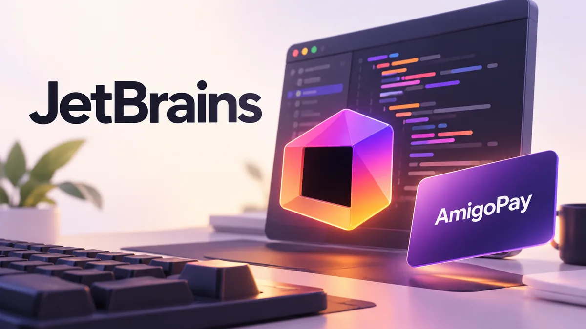 Покупка лицензии JetBrains через AmigoPay: окно редактора кода и карта