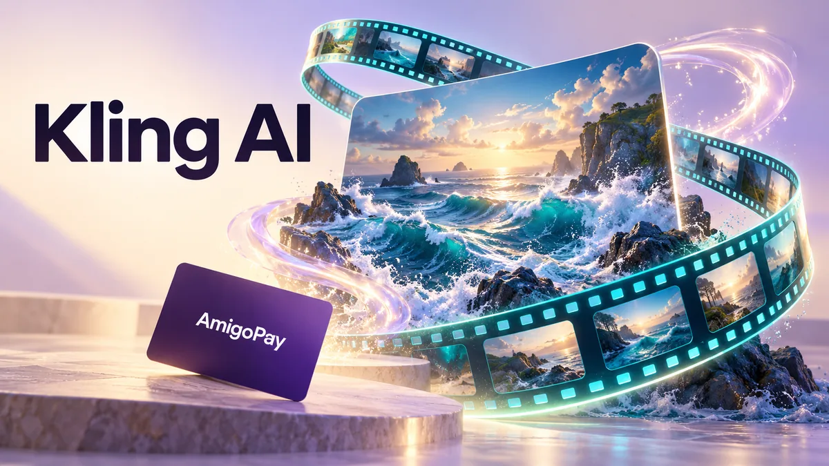 Покупка подписки Kling AI через AmigoPay: видеокадр, плёнка и карта