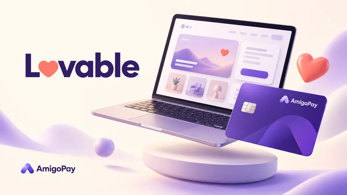 Покупка подписки Lovable: интерфейс создаваемого сайта и карта AmigoPay