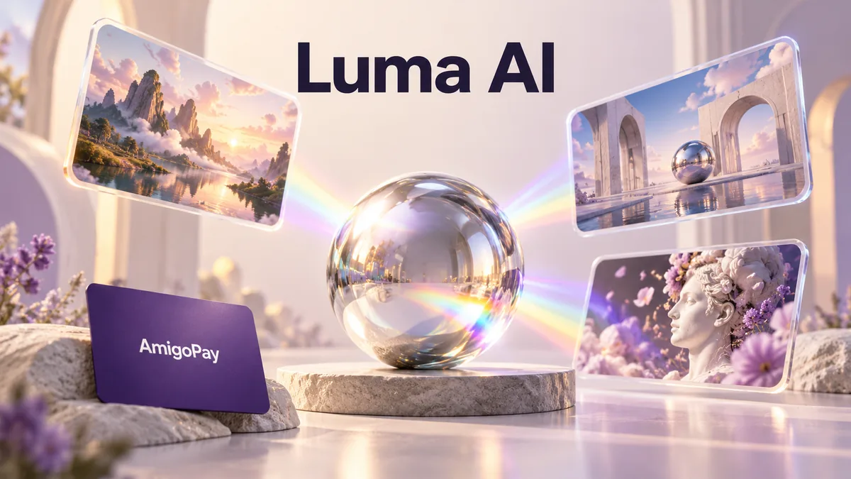 Оплата Luma AI через AmigoPay: светящаяся сфера, видеокадры и карта
