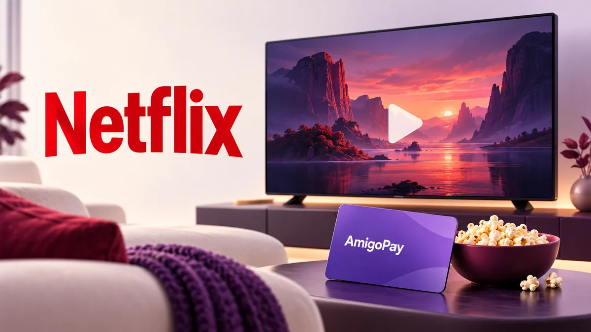 Оплата Netflix: экран с кино, попкорн и карта AmigoPay