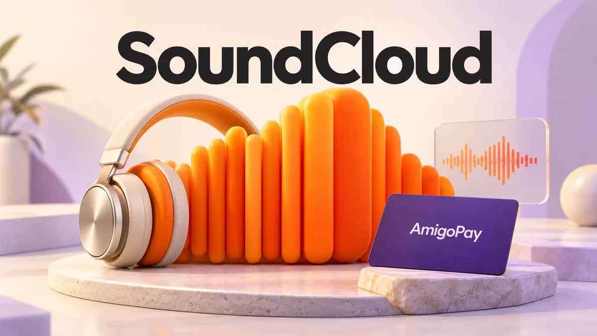 Покупка подписки SoundCloud через AmigoPay: звуковая волна, наушники и карта