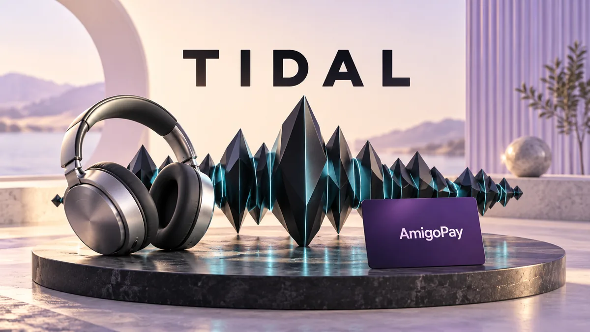 Покупка подписки TIDAL через AmigoPay: наушники, звуковая волна и карта