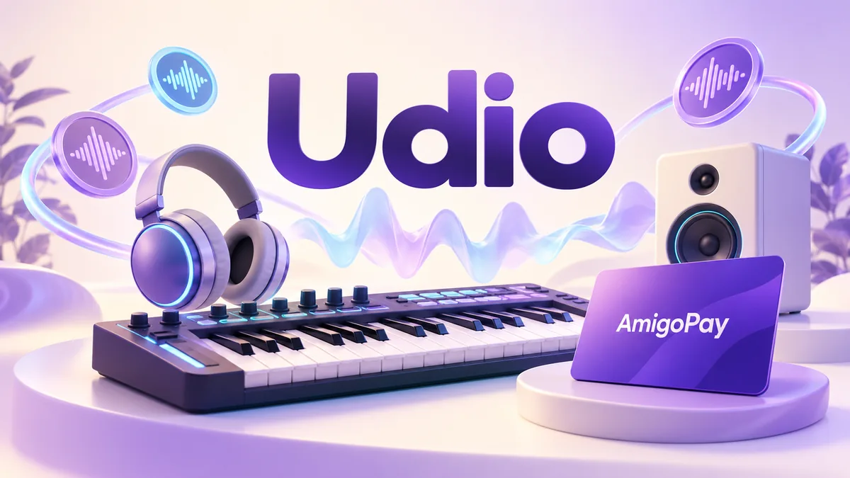 Покупка подписки Udio: музыкальная клавиатура, звуковые волны и карта AmigoPay