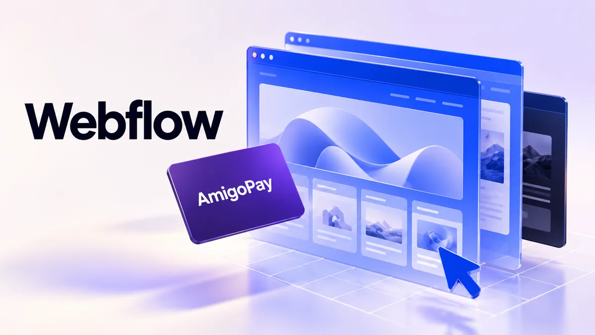 Оплата Webflow через AmigoPay: синие макеты адаптивного сайта и карта